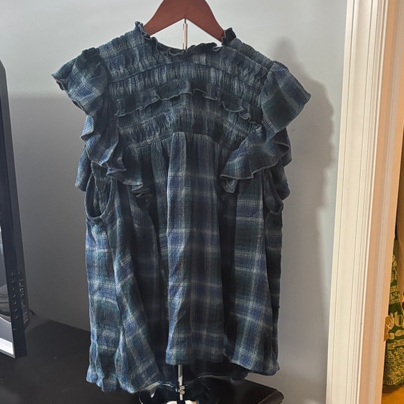 Free People Blue Plaid Ruffle Blouse Boho Cottagecore Smocked Yoke Top - Picture 1 of 3